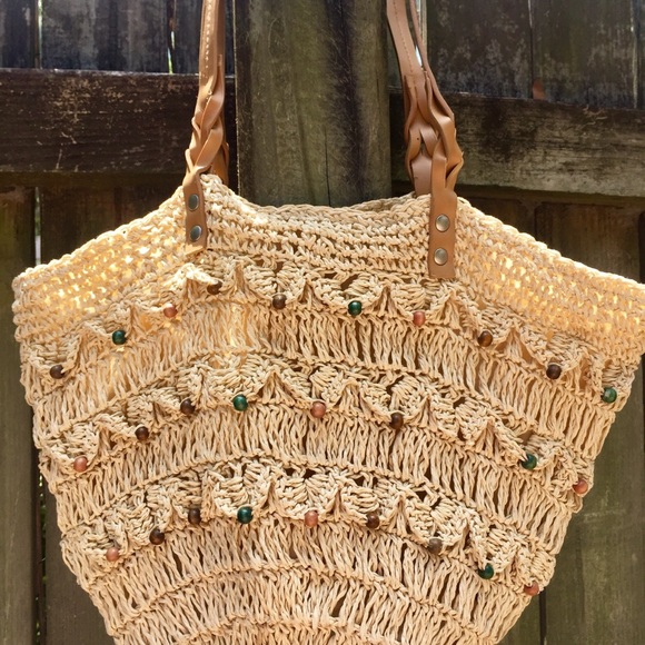 CCO Beaded Beach Tote Neutral, Brown Leather Strap - Picture 3 of 5